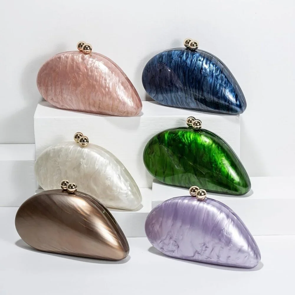 Women's Gold Acrylic Evening Clutch Glitter Marble Seashell Chain Shoulder Bag - Picture 3 of 6